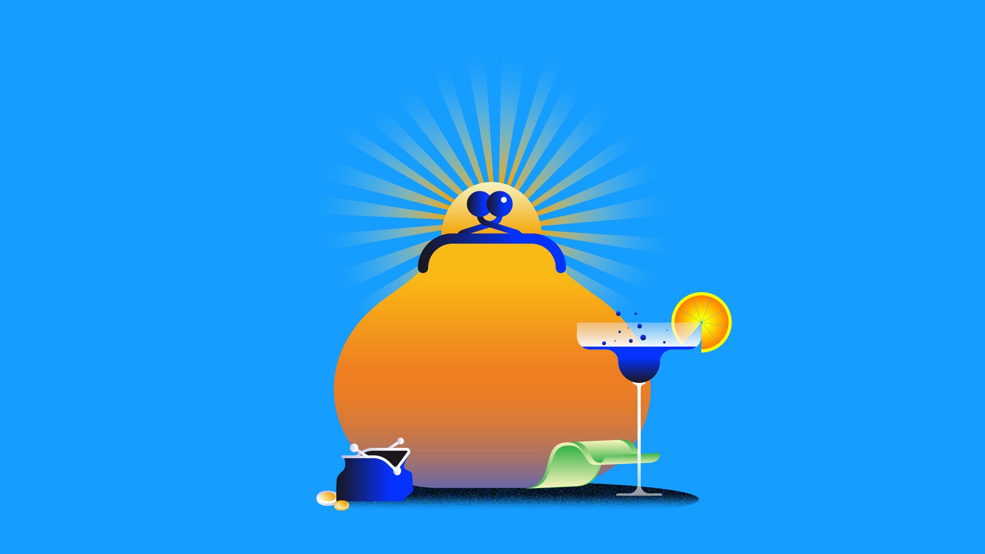 Illustration: Eine untergehende Sonne in Form eines Portemonnaies hinter einem Cocktailglas und einem Geldschein. Links ein kleiner geöffnete Geldbeutel ohne Inhalt Illustration: Eine untergehende Sonne in Form eines Portemonnaies hinter einem Cocktailglas und einem Geldschein. Links ein kleiner geöffnete Geldbeutel ohne Inhalt