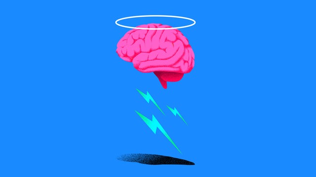 Die Illustration zeigt ein Gehirn, darüber schwebt ein Kranz, darunter befinden sich Blitze. Die Illustration zeigt ein Gehirn, darüber schwebt ein Kranz, darunter befinden sich Blitze.