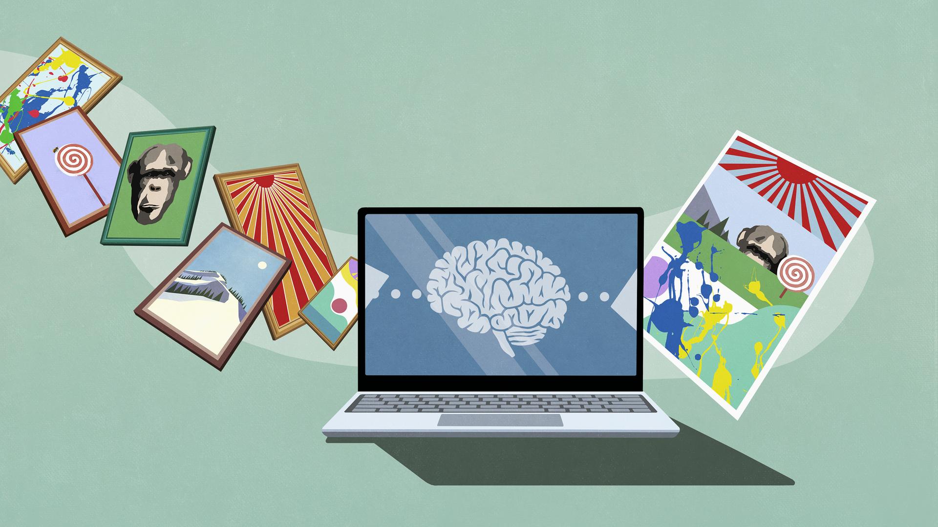 Illustration: Ein Gehirn auf dem Laptop-Bildschirm verarbeitet Bilder, auf der anderen Seite wird eine Bildcollage ausgespuckt. Illustration: Ein Gehirn auf dem Laptop-Bildschirm verarbeitet Bilder, auf der anderen Seite wird eine Bildcollage ausgespuckt.