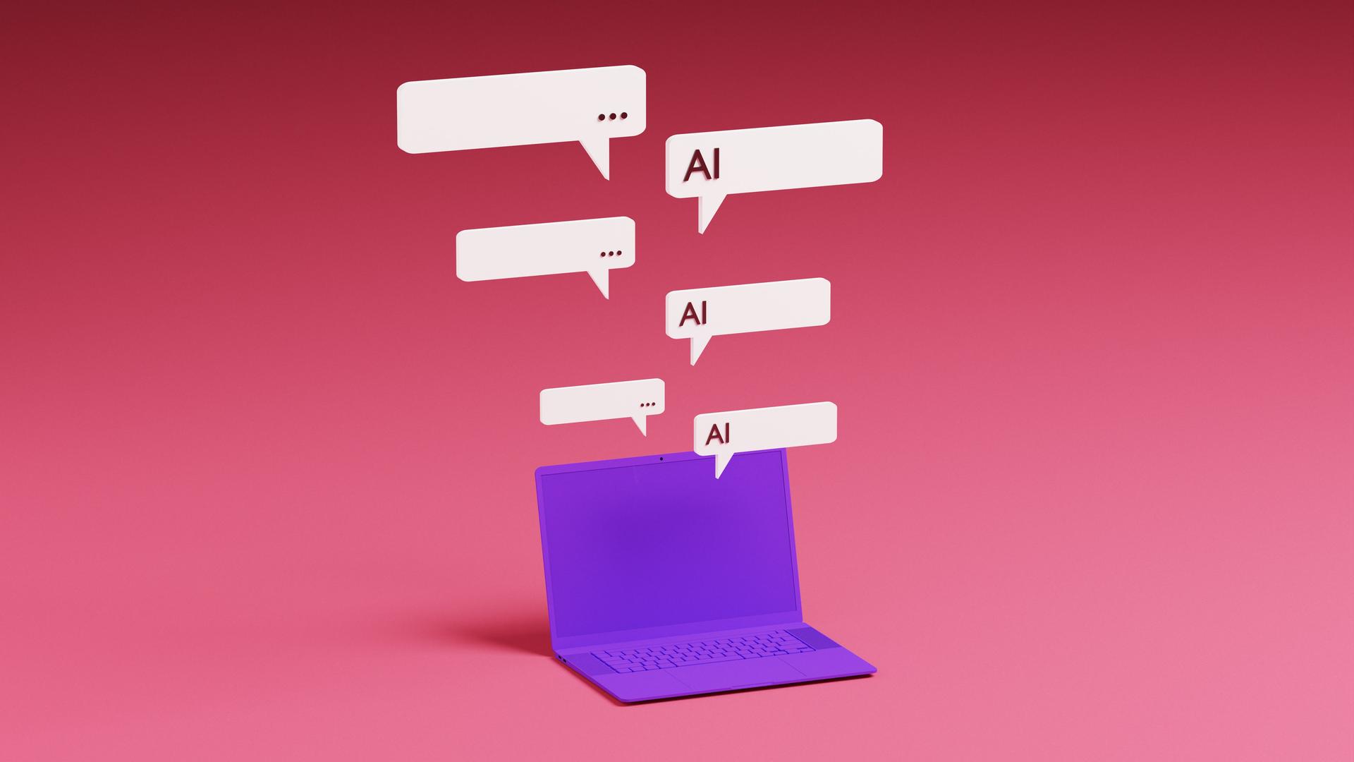 Ein violetter Laptop mit darüber schwebenden Sprechblasen eines KI-Chatbot-Assistenten.