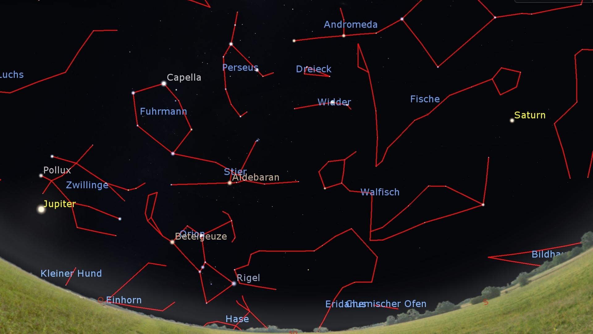 Ein um Skizzen ergänztes 180-Grad-Foto zeigt den Sternenhimmel und die zugehörigen Sternzeichen im November. Im Vordergrund sieht man - gekrümmt - eine Rasenfläche.