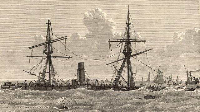 Eine Zeichnung zeigt das sinkende Dampfschiff 'Deutschland', dass während eines Sturms in der Nacht vom 6. auf den 7. Dezember 1875 auf eine Sandbank aufgelaufen ist. Eine Zeichnung zeigt das sinkende Dampfschiff 'Deutschland', dass während eines Sturms in der Nacht vom 6. auf den 7. Dezember 1875 auf eine Sandbank aufgelaufen ist.