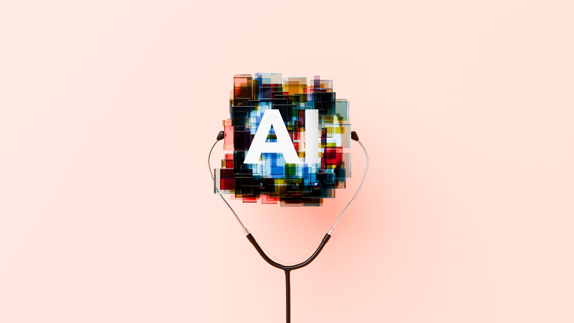 Ein abstraktes KI-Symbol mit Stethoskop-Ohrhörern symbolisiert die zunehmende Bedeutung künstlicher Intelligenz im Gesundheitswesen.