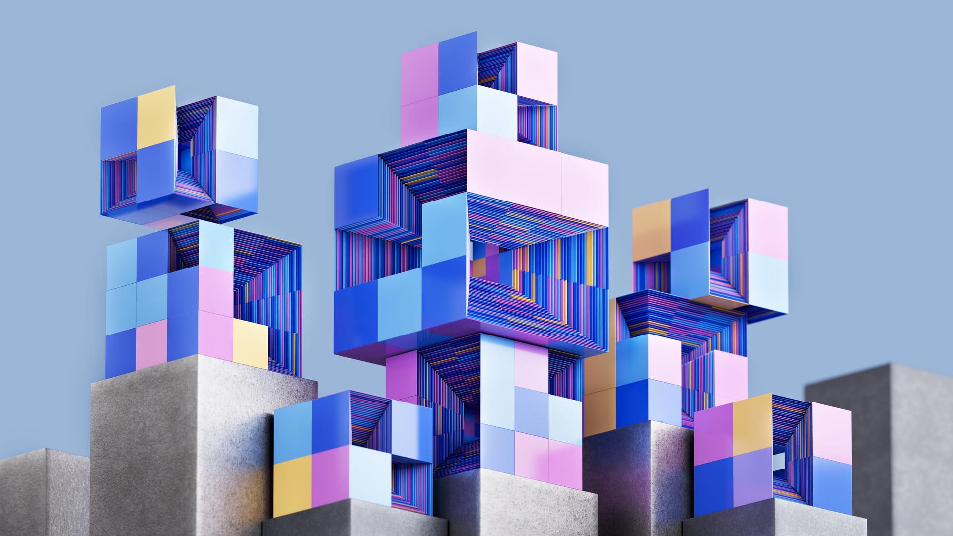 Illustration: Farbige futuristische Würfel die sich stapeln und verbinden.