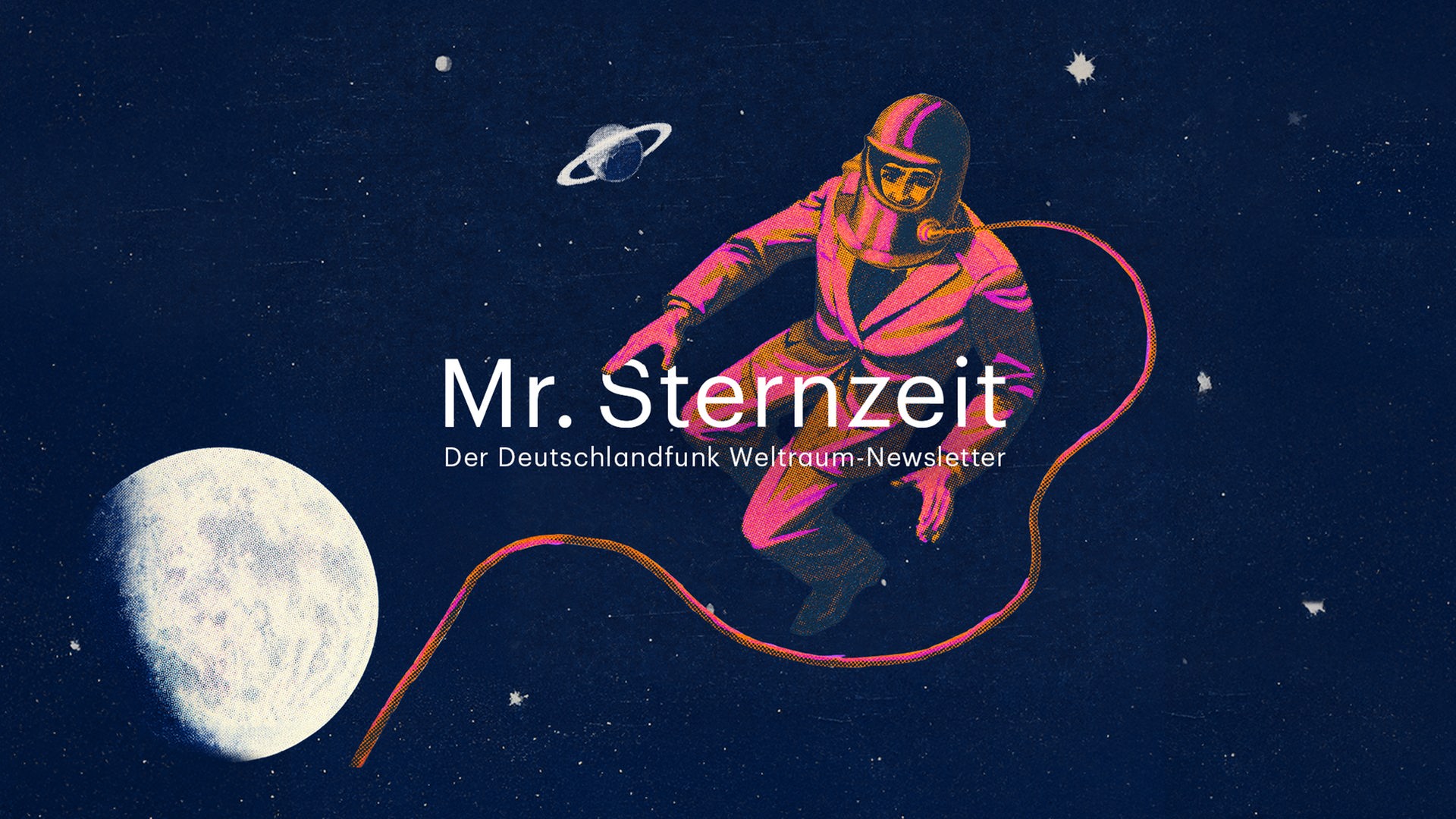 Vor einem tiefblauen Sternenhimmel schwebt ein stilisierter Astronaut im Weltraum. Das Bild erinnert an eine Retro-Illustration erinnern. Der Astronaut ist mit einem Sicherheitsseil verbunden, das sich in einer geschwungenen Linie durch das Bild zieht. Vor einem tiefblauen Sternenhimmel schwebt ein stilisierter Astronaut im Weltraum. Das Bild erinnert an eine Retro-Illustration erinnern. Der Astronaut ist mit einem Sicherheitsseil verbunden, das sich in einer geschwungenen Linie durch das Bild zieht.