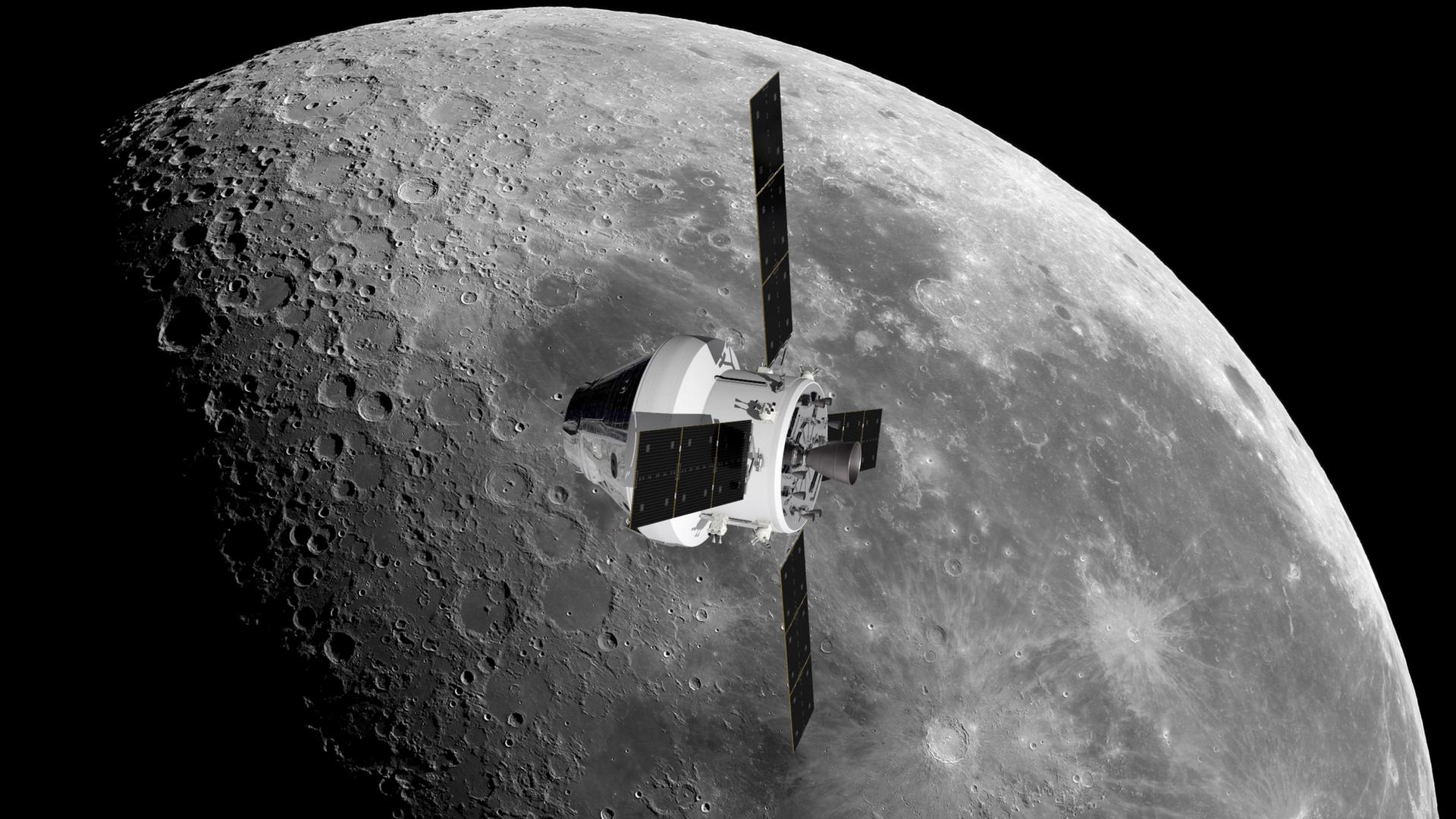 Die Fotomontage zeigt eine Raumkapsel, im Hintergrund befindet sich der Mond.