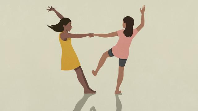 Illustration: Zwei jugendliche Mädchen tanzen und halten sich dabei an der Hand Illustration: Zwei jugendliche Mädchen tanzen und halten sich dabei an der Hand
