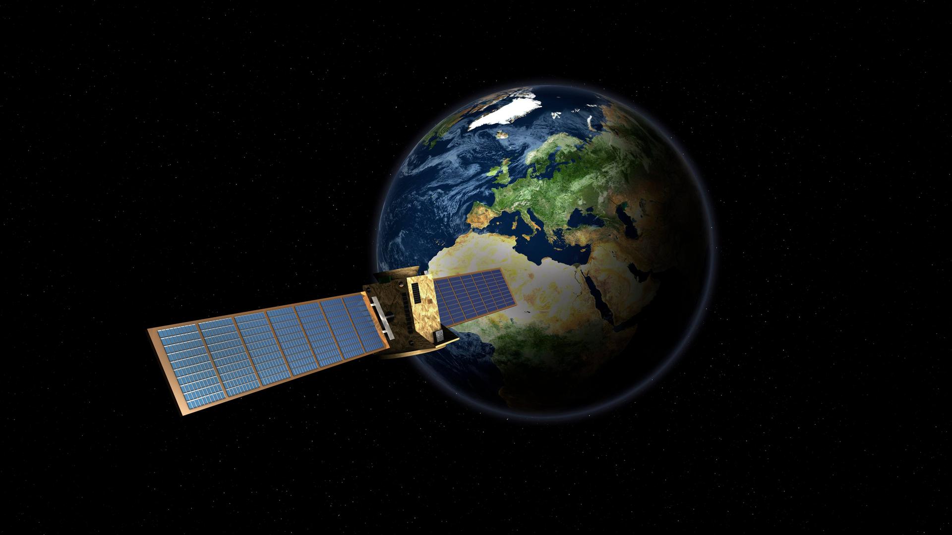 Satellit vor der Erdkugel mit Europa, Symbolbild Galileo-Navigationssystem, Weltraum-Spionage, Datenübertragung Satellit vor der Erdkugel mit Europa, Symbolbild Galileo-Navigationssystem, Weltraum-Spionage, Datenübertragung