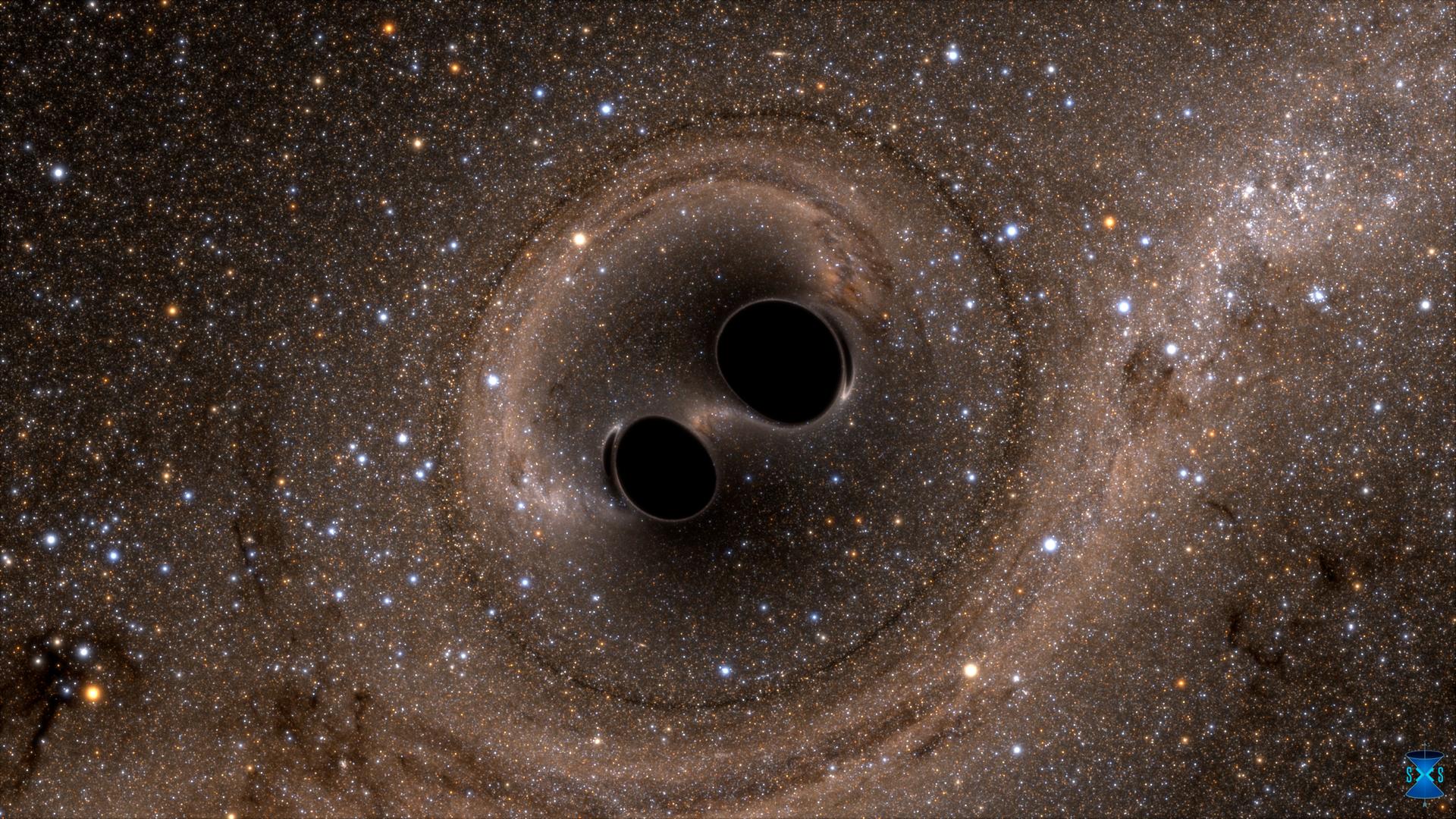 Illustration: Zwei Schwarze Löcher nähern sich kurz vor dem Verschmelzen, drumherum sieht man das Weltall mit Galaxien aus tausenden Sternen.