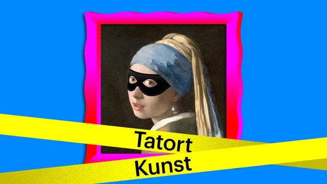 Tatort Kunst:
Eine Illustration des Bildes „Das Mädchen mit dem Perlenohrring“ von Jan Vermeer, davor gelbes Absperrband auf dem "Tatort Kunst" steht. Tatort Kunst:
Eine Illustration des Bildes „Das Mädchen mit dem Perlenohrring“ von Jan Vermeer, davor gelbes Absperrband auf dem "Tatort Kunst" steht.
