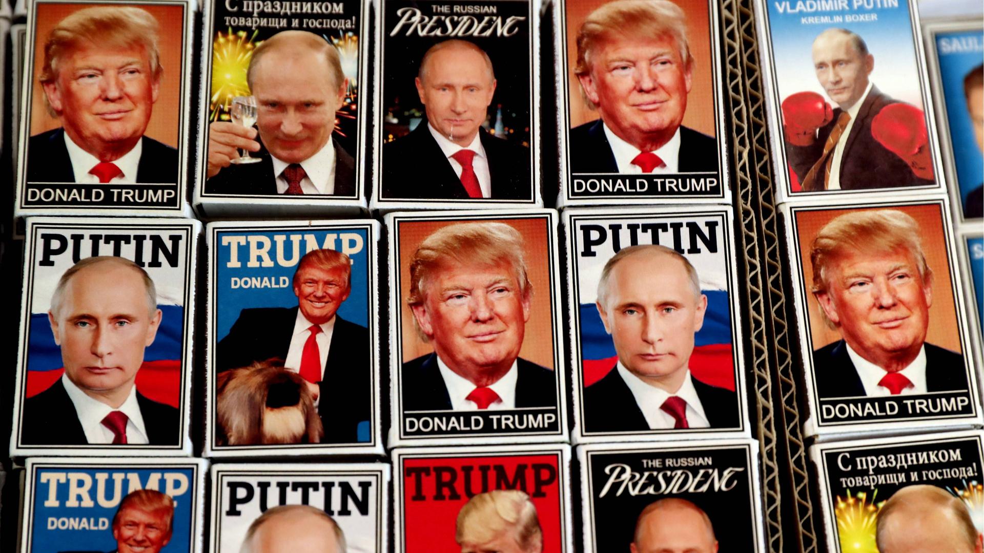 In Helsinki in Finnland, liegen in einem Karton Magnete mit dem Gesicht von Trump und dem Gesicht von Putin. In Helsinki in Finnland, liegen in einem Karton Magnete mit dem Gesicht von Trump und dem Gesicht von Putin.